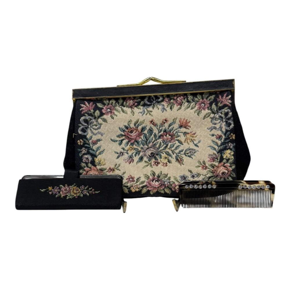 West Germany Floral Tapestry Clutch Purse Kiss Lock Mirror Comb Set Vintage READ